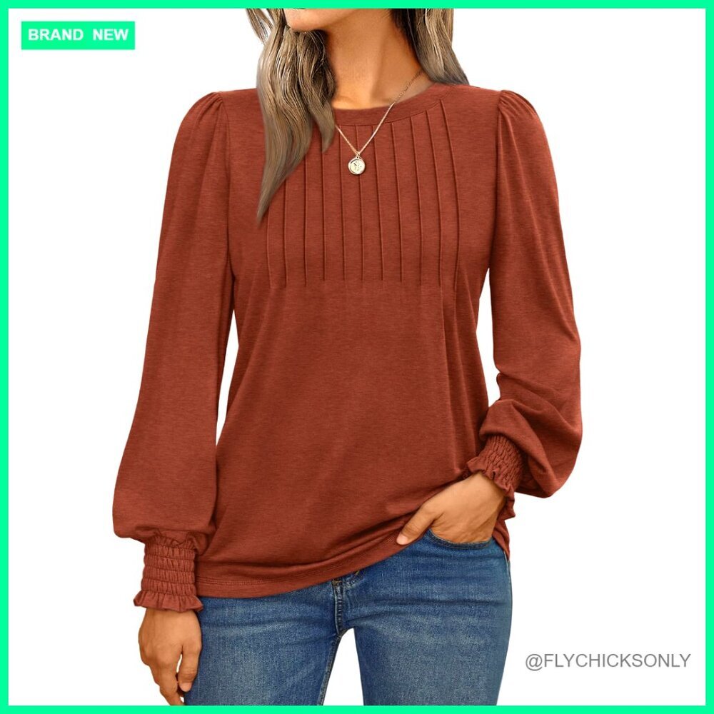 Long Sleeve Pleated Blouse with Smocked Cuffs Business Casual Top